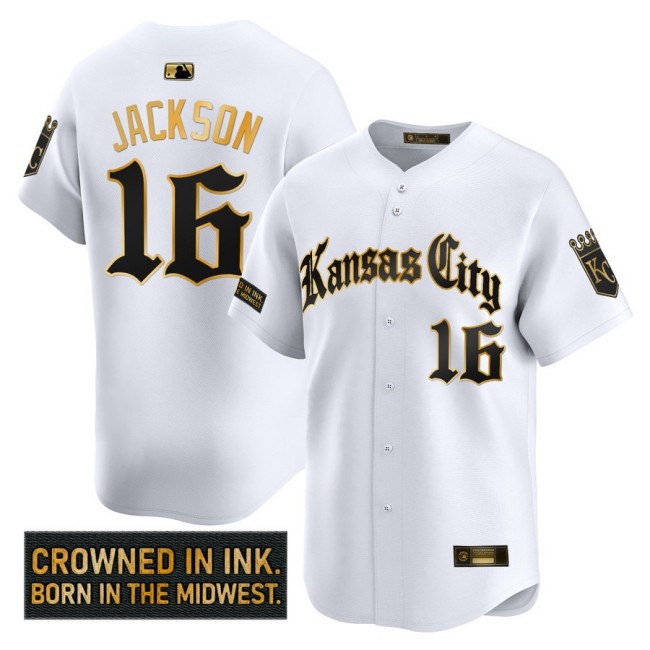 Men's KC Royals #16 Bo Jackson 'Gothic Crown Edition' Nike Gold MLB Baseball Limited Jersey White - All Stitched