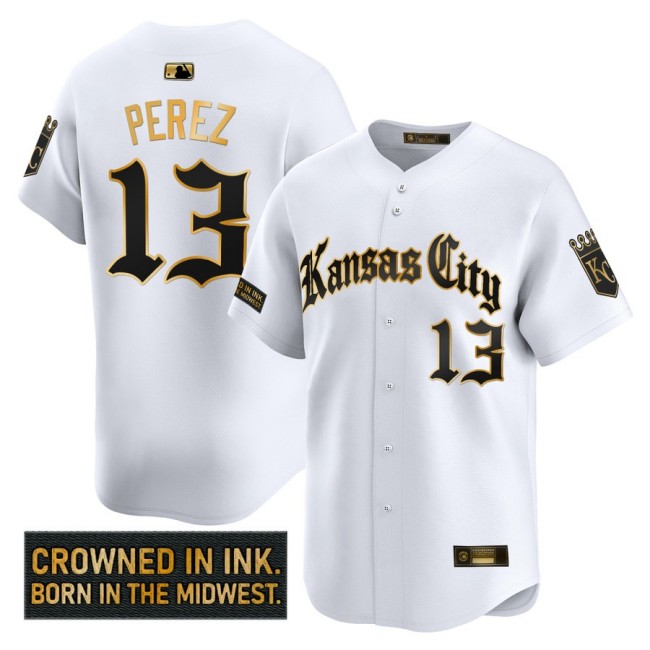 Men's KC Royals #13 Salvador Perez 'Gothic Crown Edition' Nike Gold MLB Baseball Limited Jersey White - All Stitched