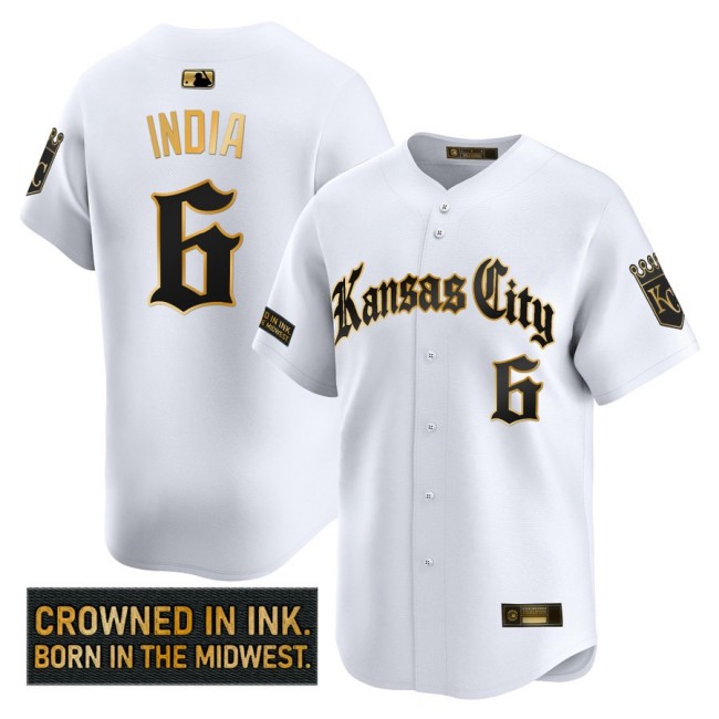 Men's KC Royals #6 Jonathan India 'Gothic Crown Edition' Nike Gold MLB Baseball Limited Jersey White - All Stitched