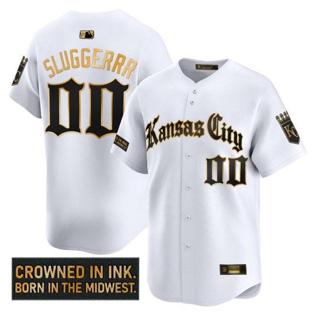 Men's KC Royals #00 Sluggerrr 'Gothic Crown Edition' Nike Gold MLB Baseball Limited Jersey White - All Stitched