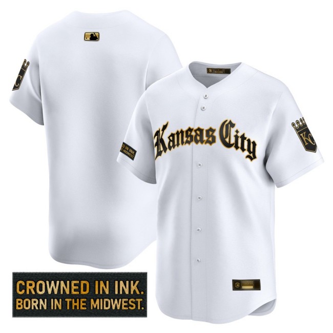 Men's KC Royals Team 'Gothic Crown Edition' Nike Gold MLB Baseball Limited Jersey White - All Stitched