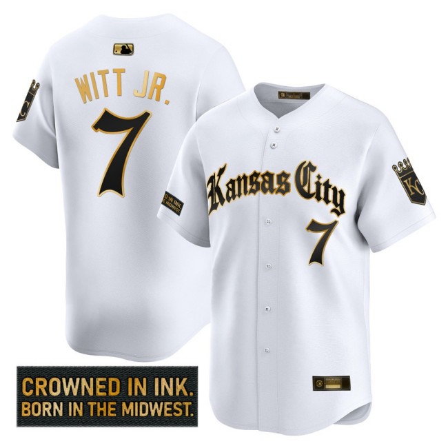Men's KC Royals #7 Bobby Witt Jr. 'Gothic Crown Edition' Nike Gold MLB Baseball Limited Jersey White - All Stitched