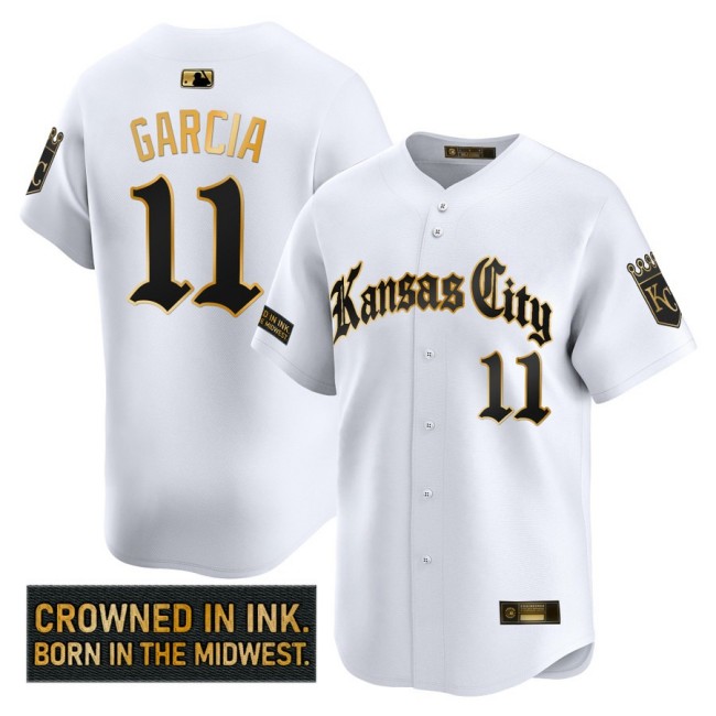 Men's KC Royals #11 Maikel Garcia 'Gothic Crown Edition' Nike Gold MLB Baseball Limited Jersey White - All Stitched