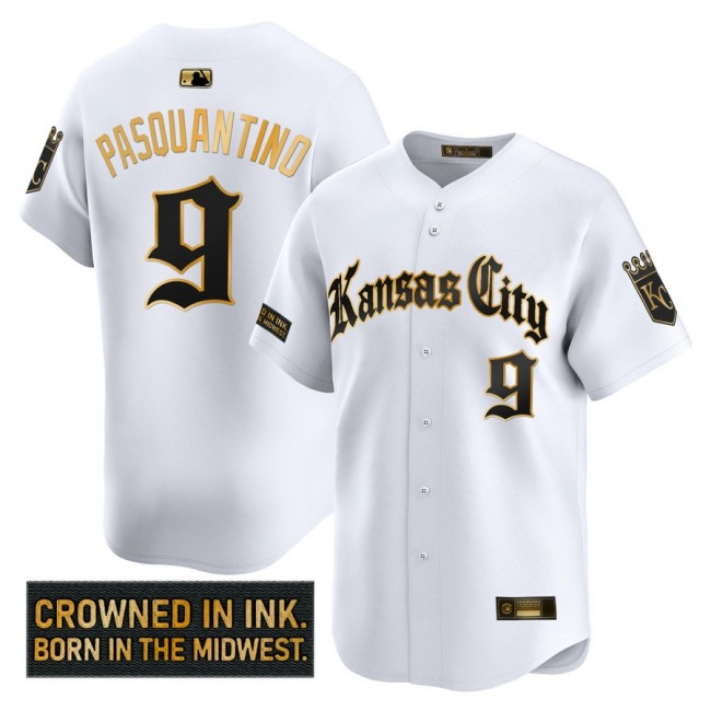 Men's KC Royals #9 Vinnie Pasquantino 'Gothic Crown Edition' Nike Gold MLB Baseball Limited Jersey White - All Stitched