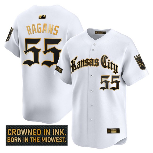 Men's KC Royals #55 Cole Ragans 'Gothic Crown Edition' Nike Gold MLB Baseball Limited Jersey White - All Stitched
