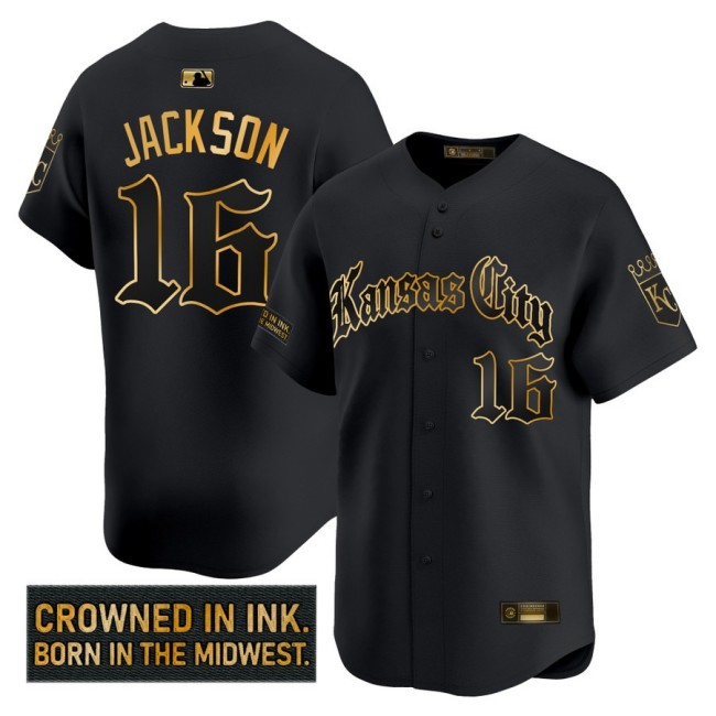 Men's KC Royals #16 Bo Jackson 'Gothic Crown Edition' Nike Gold MLB Baseball Limited Jersey Black - All Stitched
