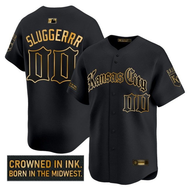 Men's KC Royals #00 Sluggerrr 'Gothic Crown Edition' Nike Gold MLB Baseball Limited Jersey Black - All Stitched