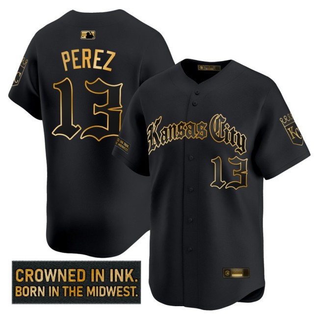 Men's KC Royals #13 Salvador Perez 'Gothic Crown Edition' Nike Gold MLB Baseball Limited Jersey Black - All Stitched