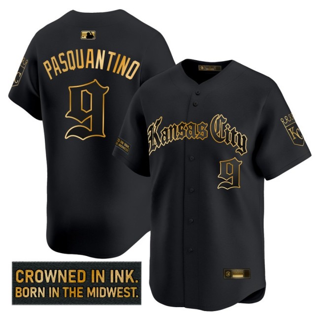 Men's KC Royals #9 Vinnie Pasquantino 'Gothic Crown Edition' Nike Gold MLB Baseball Limited Jersey Black - All Stitched