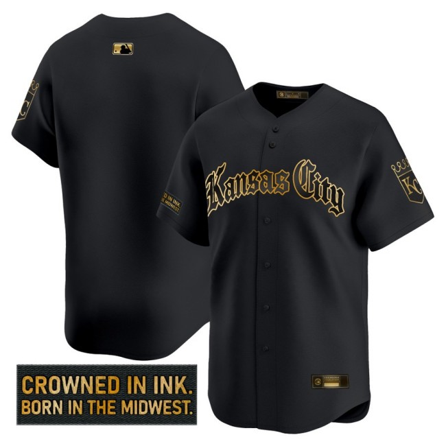 Men's KC Royals Team 'Gothic Crown Edition' Nike Gold MLB Baseball Limited Jersey Black - All Stitched