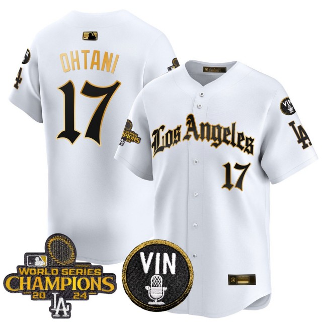 Men's Dodgers #17 Shohei Ohtani 2025 LA Gothic Style Nike Gold MLB Baseball Limited Jersey White 2024 WSC Patch - All Stitched