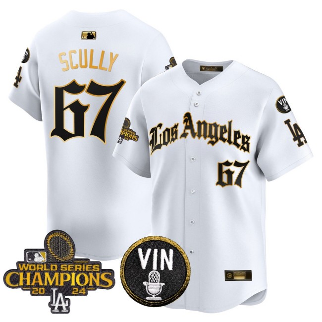 Men's Dodgers #67 Vin Scully 2025 LA Gothic Style Nike Gold MLB Baseball Limited Jersey White 2024 WSC Patch - All Stitched
