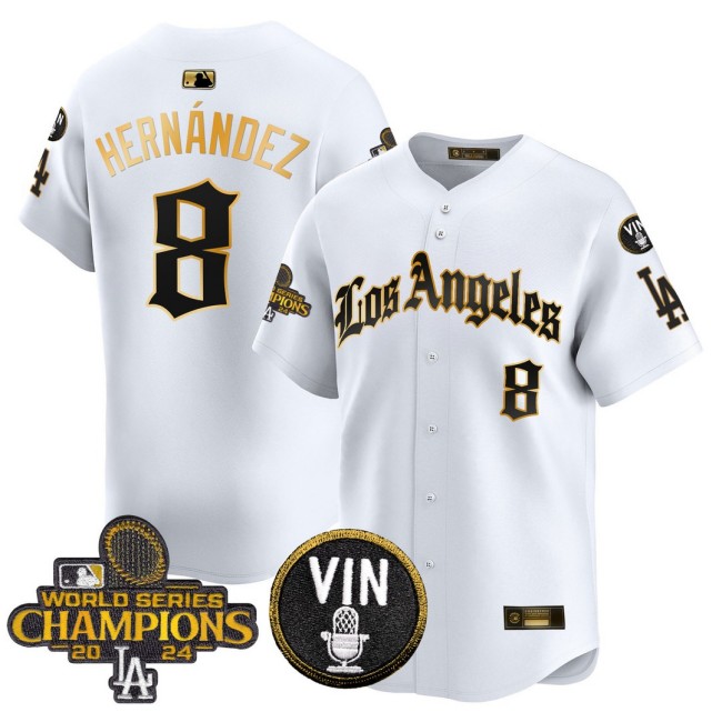 Men's Dodgers #8 Kike Hernandez 2025 LA Gothic Style Nike Gold MLB Baseball Limited Jersey White 2024 WSC Patch - All Stitched