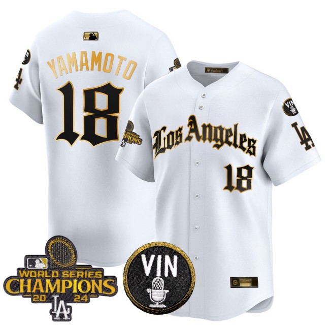 Men's Dodgers #18 Yamamoto 2025 LA Gothic Style Nike Gold MLB Baseball Limited Jersey White 2024 WSC Patch - All Stitched