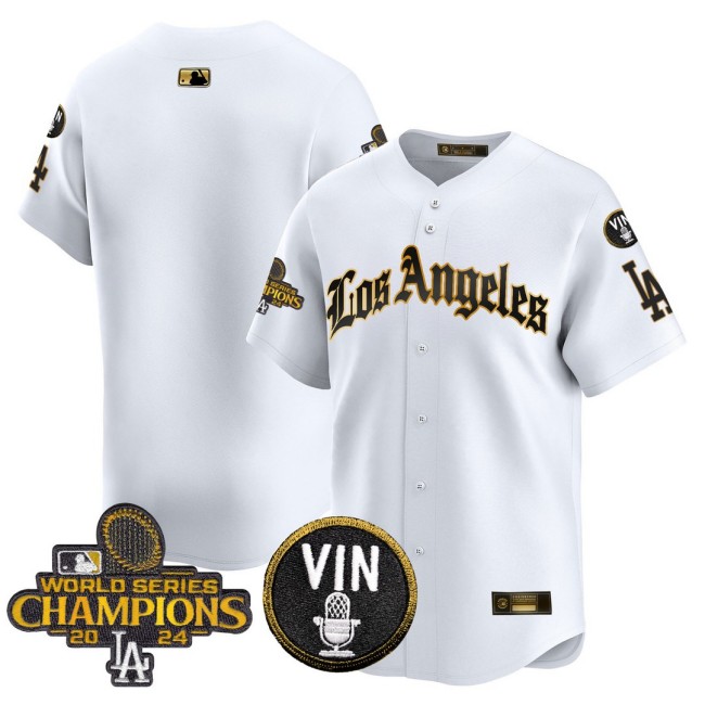 Men's Dodgers Team 2025 LA Gothic Style Nike Gold MLB Baseball Limited Jersey White 2024 WSC Patch - All Stitched