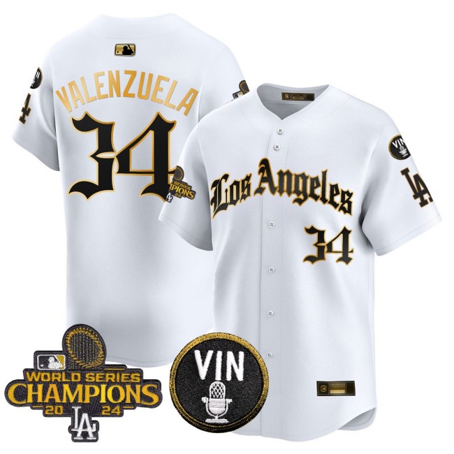Men's Dodgers #34 Fernando Valenzuela 2025 LA Gothic Style Nike Gold MLB Baseball Limited Jersey White 2024 WSC Patch - All Stitched
