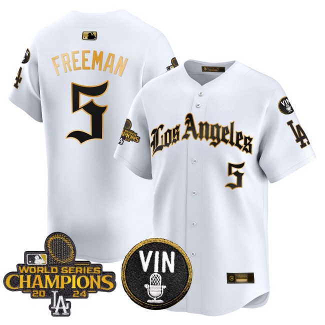 Men's Dodgers #5 Freddie Freeman 2025 LA Gothic Style Nike Gold MLB Baseball Limited Jersey White 2024 WSC Patch - All Stitched