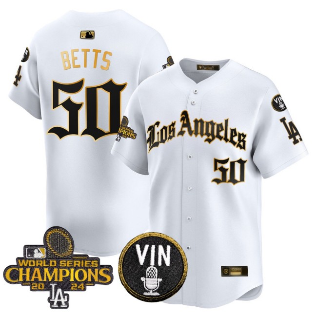 Men's Dodgers #50 Mookie Betts 2025 LA Gothic Style Nike Gold MLB Baseball Limited Jersey White 2024 WSC Patch - All Stitched