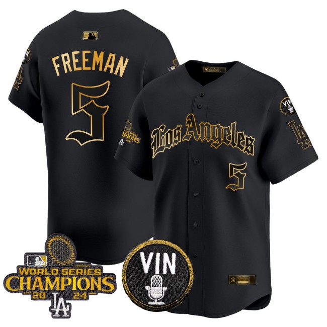 Men's Dodgers #5 Freddie Freeman 2025 LA Gothic Style Nike Gold MLB Baseball Limited Jersey Black 2024 WSC Patch - All Stitched
