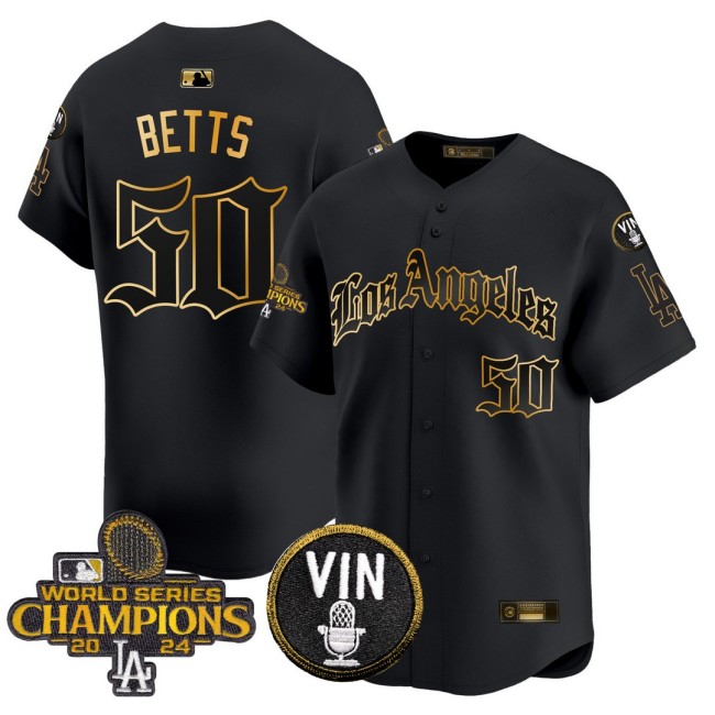 Men's Dodgers #50 Mookie Betts 2025 LA Gothic Style Nike Gold MLB Baseball Limited Jersey Black 2024 WSC Patch - All Stitched