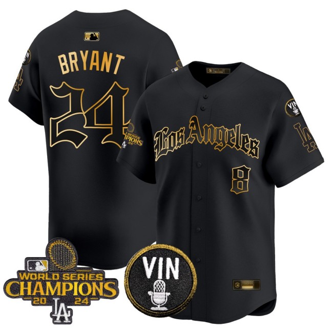 Men's Dodgers 824 Kobe Bryant 2025 LA Gothic Style Nike Gold MLB Baseball Limited Jersey Black 2024 WSC Patch - All Stitched