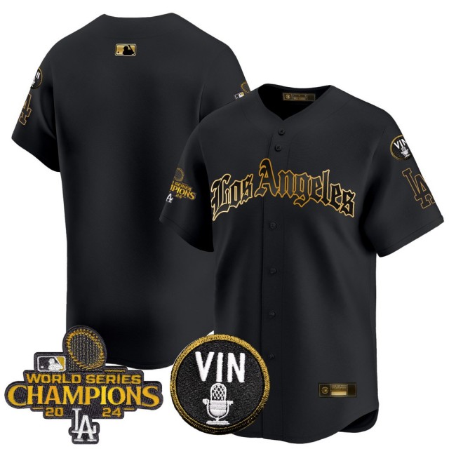 Men's Dodgers Team 2025 LA Gothic Style Nike Gold MLB Baseball Limited Jersey Black 2024 WSC Patch - All Stitched