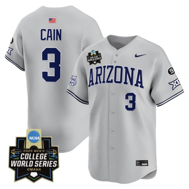 Men's Arizona Wildcats #3 Andrew Cain Nike 2025 Omaha NCAA World Series Baseball Limited Jersey Grey - All Stitched