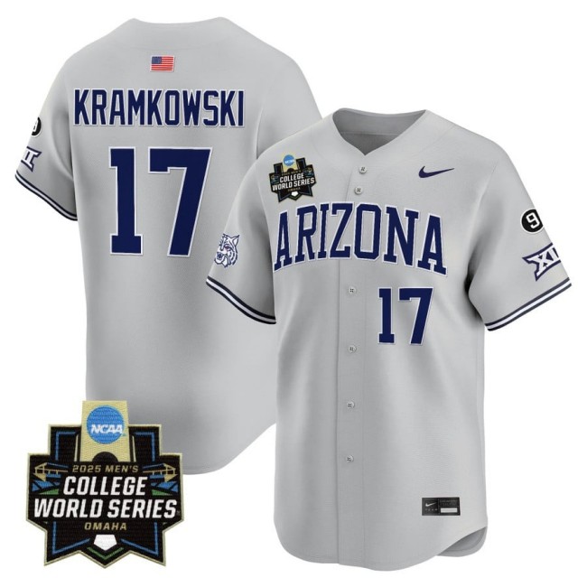 Men's Arizona Wildcats #17 Owen Kramkowski Nike 2025 Omaha NCAA World Series Baseball Limited Jersey Grey - All Stitched