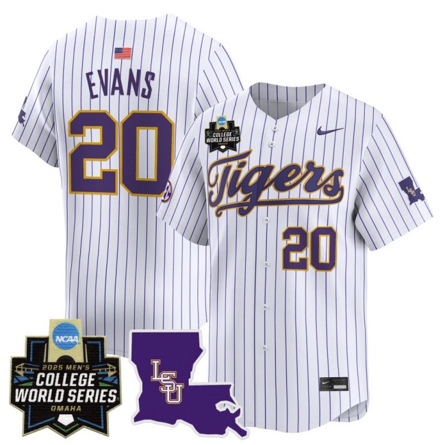 Men's LSU Tigers #20 Casan Evans Nike 2025 Omaha NCAA World Series Baseball Limited Jersey White Pinstripe - All Stitched