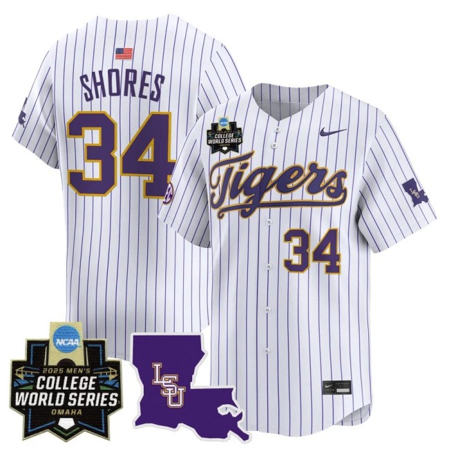 Men's LSU Tigers #34 Chase Shores Nike 2025 Omaha NCAA World Series Baseball Limited Jersey White Pinstripe - All Stitched