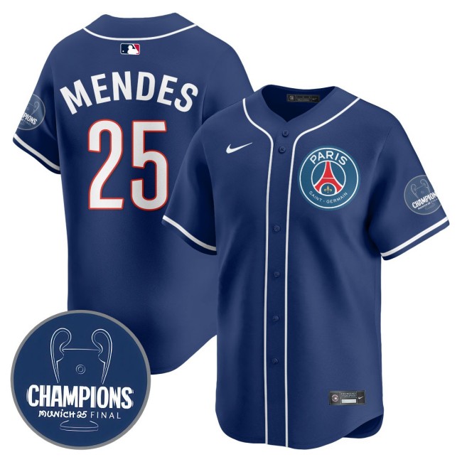 Men's PSG #25 Nuno Mendes Navy 2025 Soccer x Baseball Nike Limited MLB Jersey Champions - All Stitched