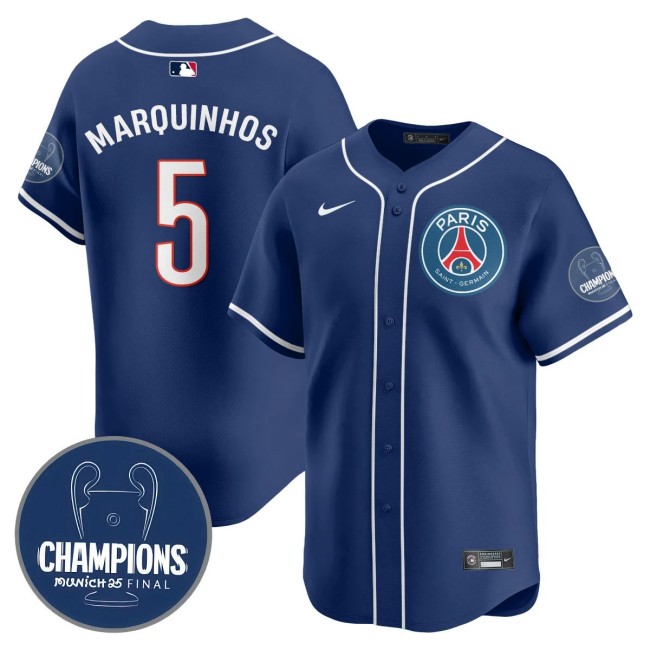 Men's PSG #5 Marquinhos Navy 2025 Soccer x Baseball Nike Limited MLB Jersey Champions - All Stitched