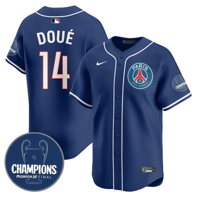 Men's PSG #14 Desire Doue Navy 2025 Soccer x Baseball Nike Limited MLB Jersey Champions - All Stitched