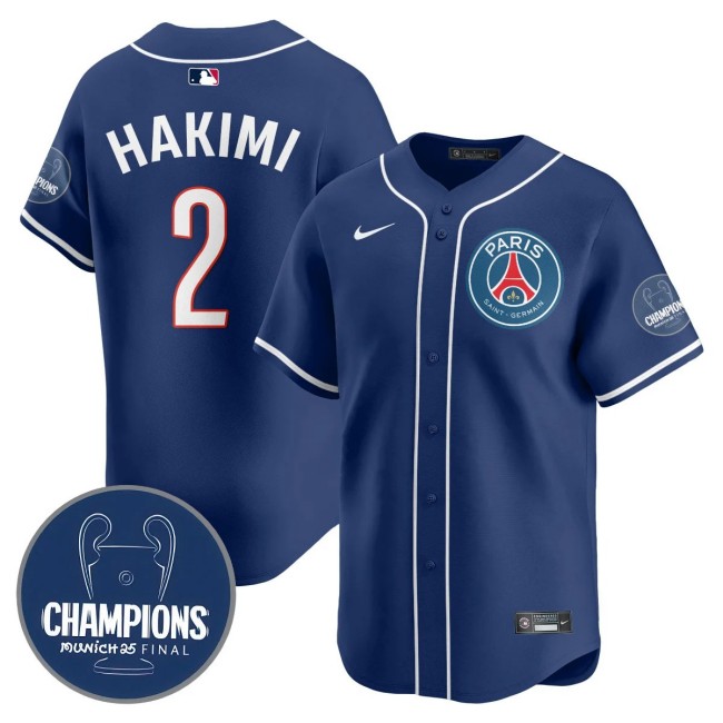 Men's PSG #2 Achraf Hakimi Navy 2025 Soccer x Baseball Nike Limited MLB Jersey Champions - All Stitched
