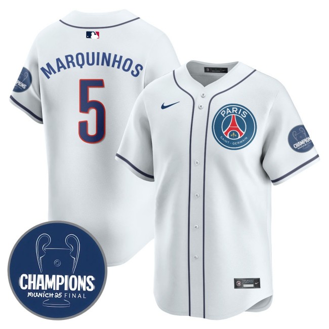 Men's PSG #5 Marquinhos White 2025 Soccer x Baseball Nike Limited MLB Jersey Champions - All Stitched