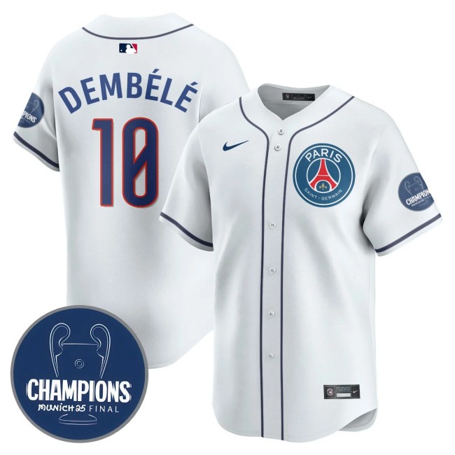 Men's PSG #18 Ousmane Dembele White 2025 Soccer x Baseball Nike Limited MLB Jersey Champions - All Stitched