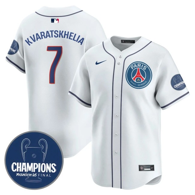 Men's PSG #7 Khvicha Kvaratskhelia White 2025 Soccer x Baseball Nike Limited MLB Jersey Champions - All Stitched