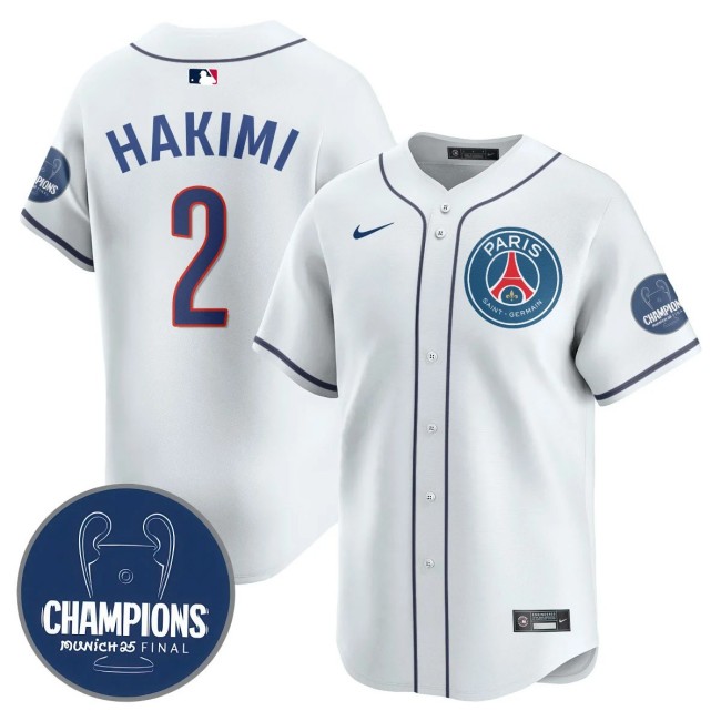 Men's PSG #2 Achraf Hakimi White 2025 Soccer x Baseball Nike Limited MLB Jersey Champions - All Stitched