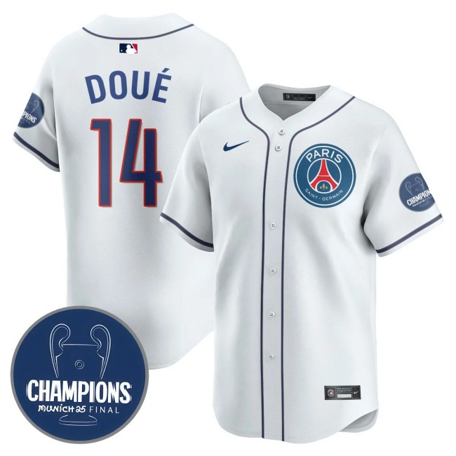 Men's PSG #14 Desire Doue White 2025 Soccer x Baseball Nike Limited MLB Jersey Champions - All Stitched