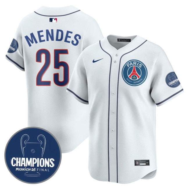 Men's PSG #25 Nuno Mendes White 2025 Soccer x Baseball Nike Limited MLB Jersey Champions - All Stitched