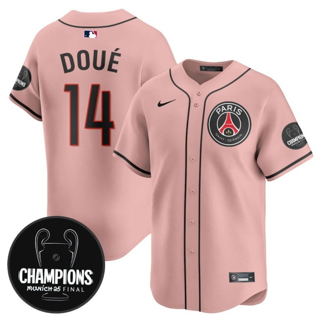 Men's PSG #14 Desire Doue Pink 2025 Soccer x Baseball Nike Limited MLB Jersey Champions - All Stitched