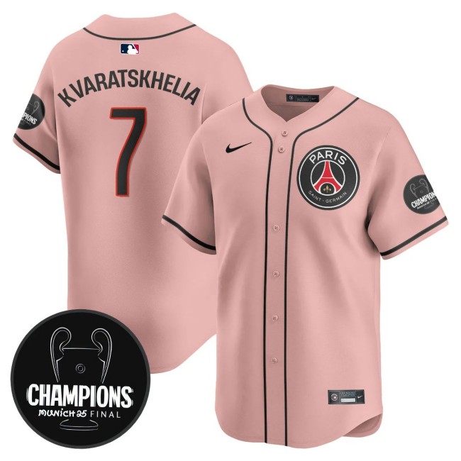 Men's PSG #7 Khvicha Kvaratskhelia Pink 2025 Soccer x Baseball Nike Limited MLB Jersey Champions - All Stitched