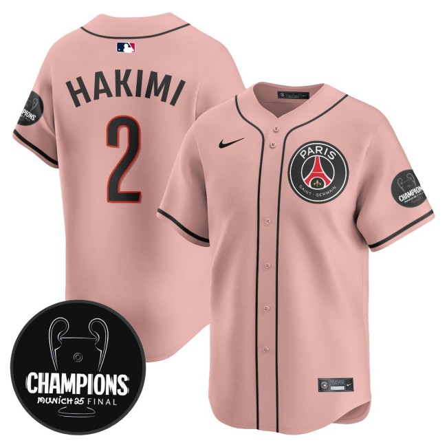 Men's PSG #2 Achraf Hakimi Pink 2025 Soccer x Baseball Nike Limited MLB Jersey Champions - All Stitched