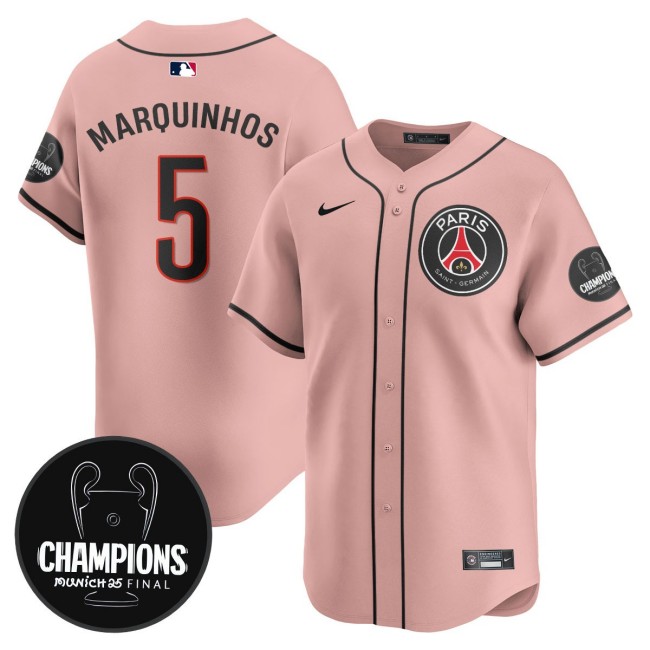 Men's PSG #5 Marquinhos Pink Nike 2025 Soccer x MLB Limited Baseball Jersey Champions - All Stitched