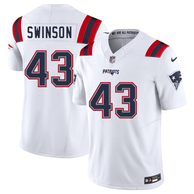 Men's New England Patriots #43 Bradyn Swinson White 2025 F.U.S.E. Vapor Limited Stitched Football Jersey