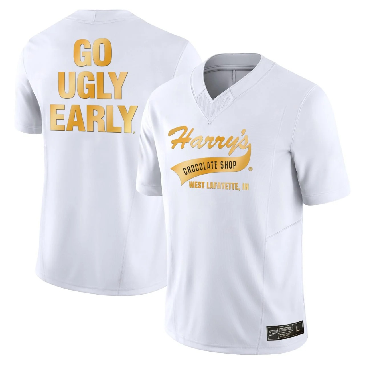 Men's Purdue Students Harry’s Chocolate Shop GO UGLY EARLY White Vapor Limited Football Jersey - All Stitched