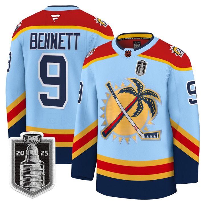 Men's Florida Panthers #9 Sam Bennett Blue 2025 Stanley Cup Final Premium Stitched NHL Hockey Jersey