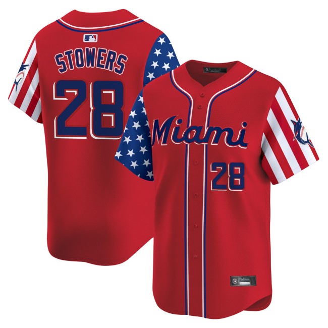 Men's Miami Marlins #28 Kyle Stowers Red 2025 Independence Day Limited Stitched Jersey
