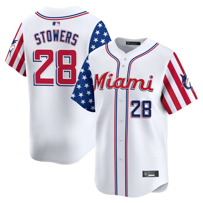 Men's Miami Marlins #28 Kyle Stowers White 2025 Independence Day Limited Stitched Jersey