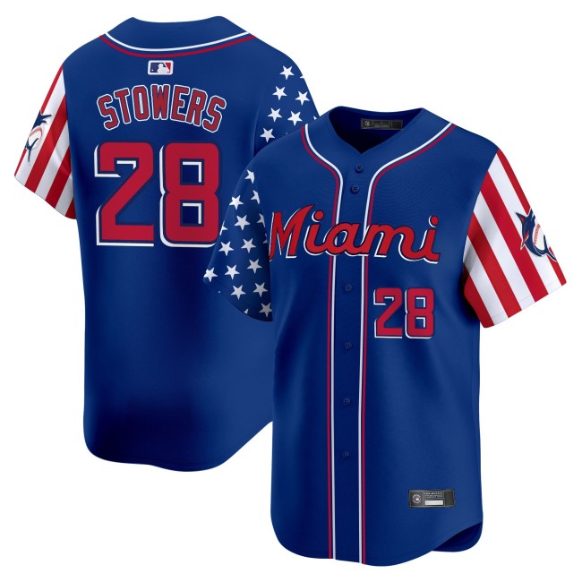 Men's Miami Marlins #28 Kyle Stowers Royal 2025 Independence Day Limited Stitched Jersey